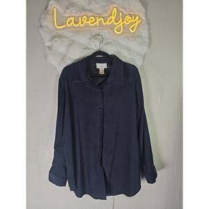 Susan Graver Velvet Longsleeve Button Down Dress Shirt Navy Blue Womens Large